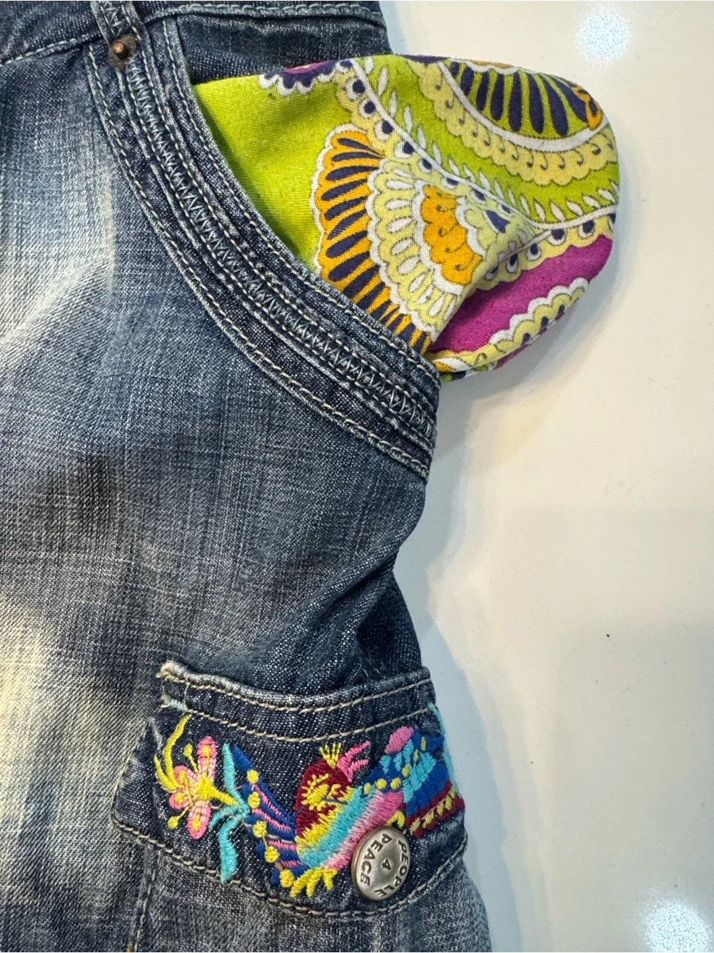 Embroidered Mid-Blue Cropped Cargo Jeans with Drawstring Cuffs